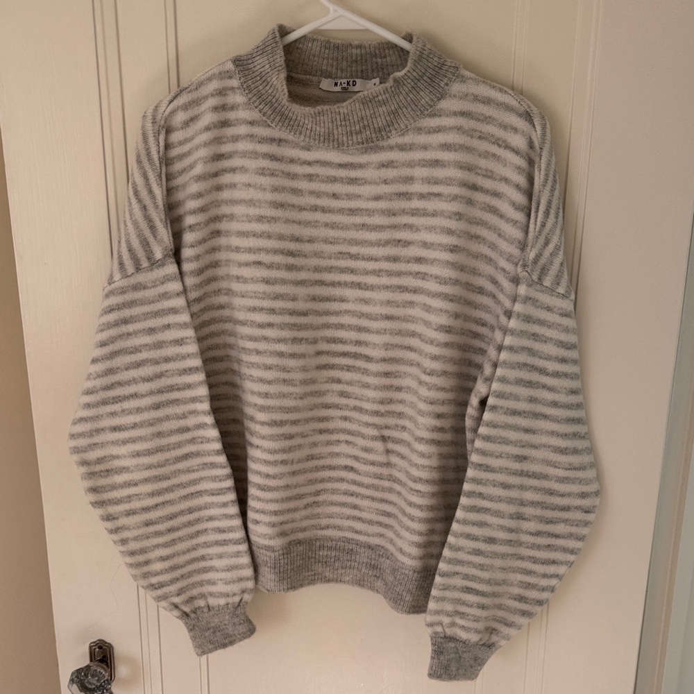 NA-KD Gray and White Striped Crewneck Sweater